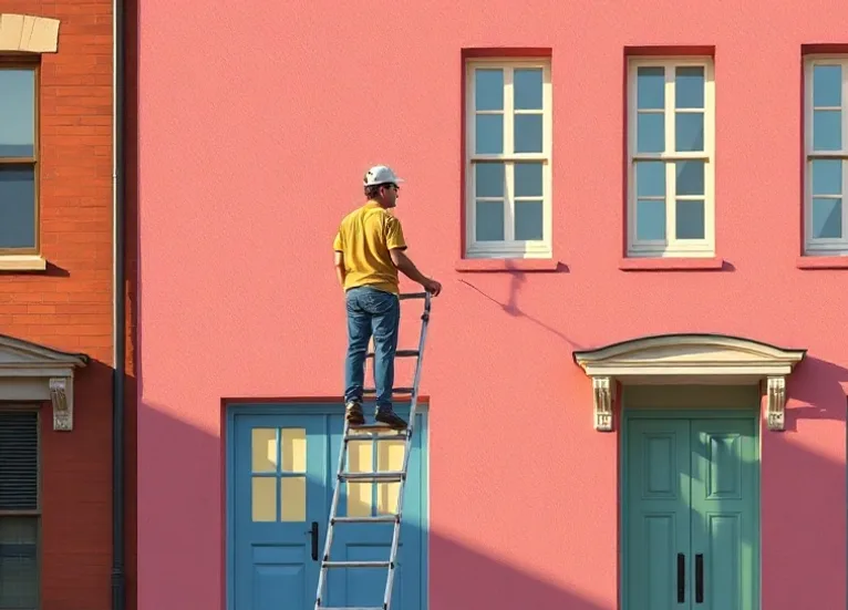 Peintre sur échafaudage traitant la façade d'une maison